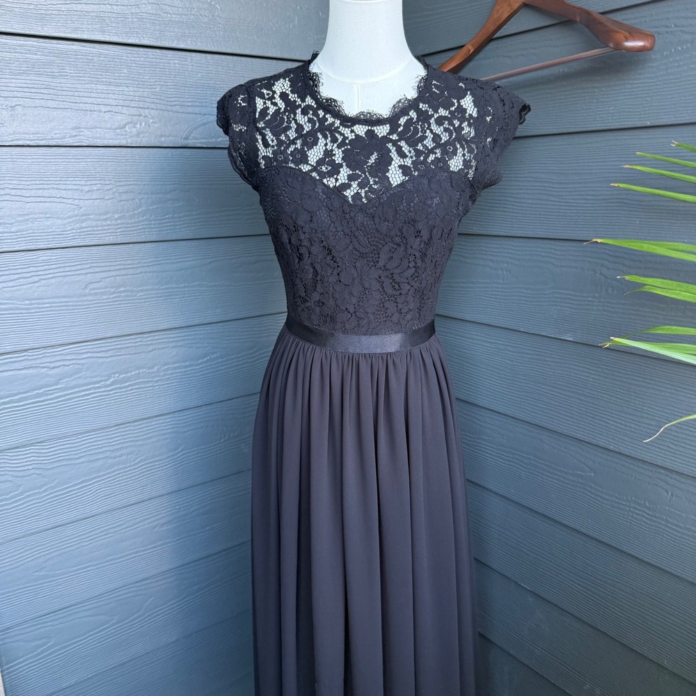 Miusol Black Lace Chiffon Maxi Dress Formal Evening Gown Size Small